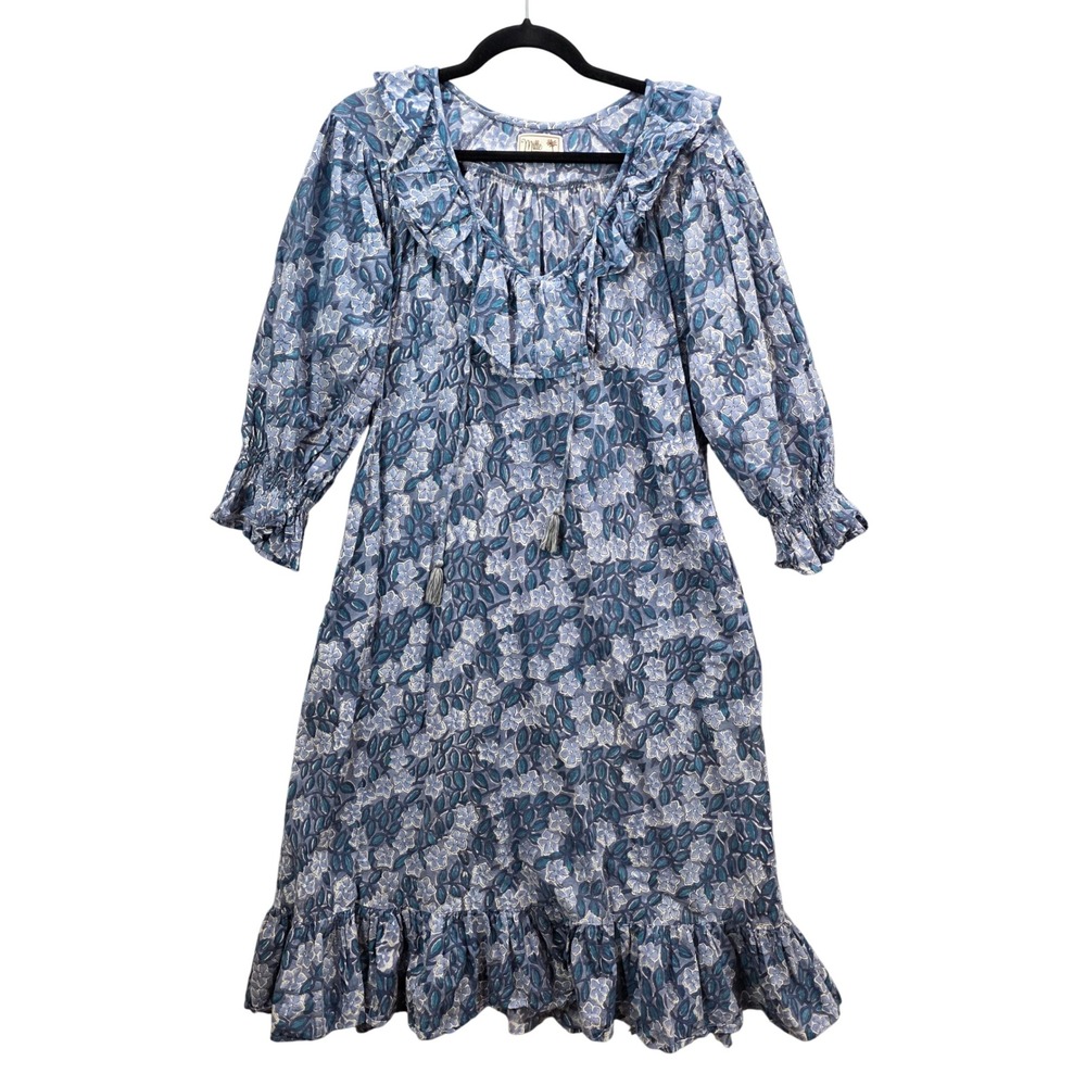 Mille Resort & Travel Blue Floral Block Print Cotton Ruffle Midi Dress XXS India